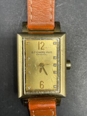 Stuhrling Krysterna Crystal Gold Tone Diamond Watch Brown Leather Band 22mm